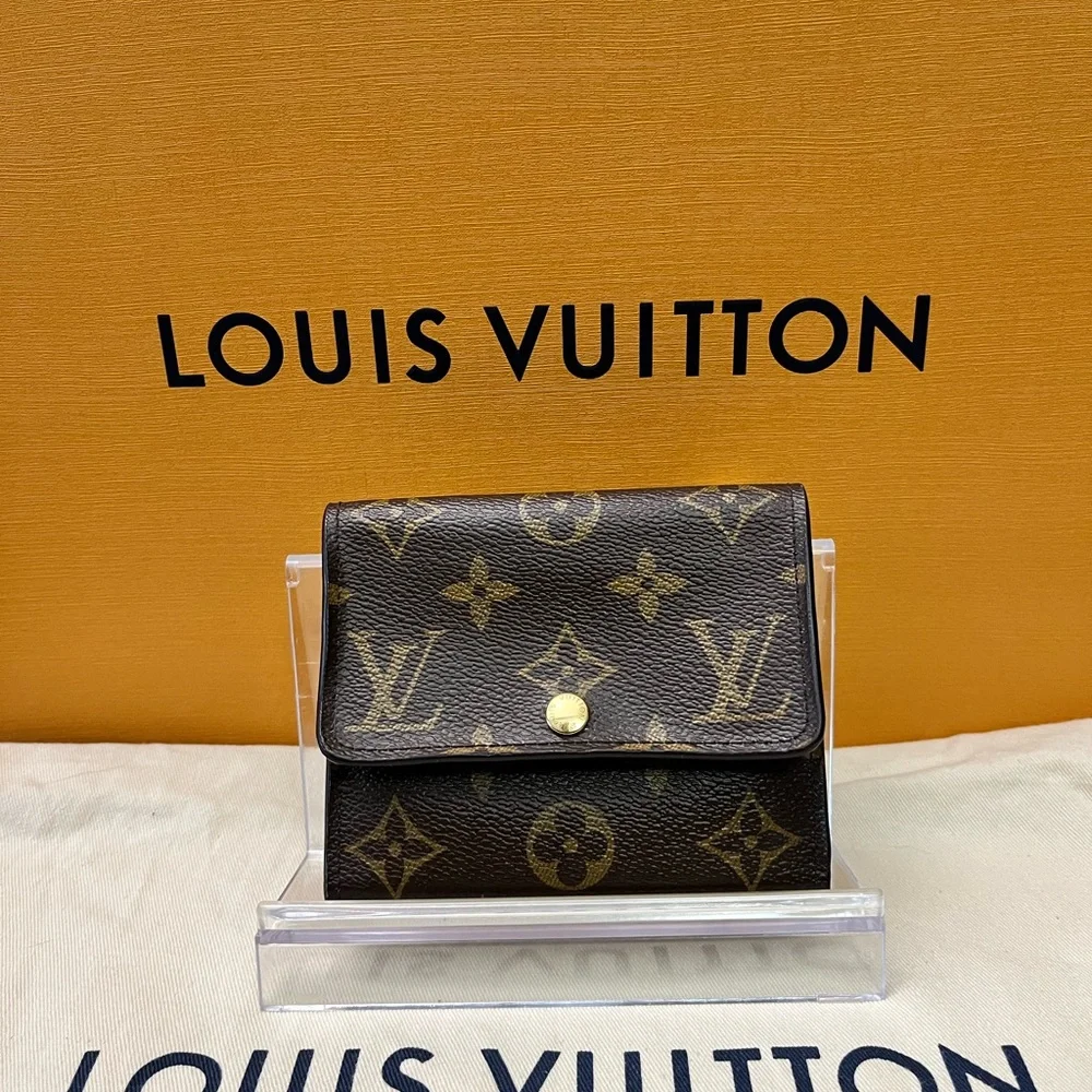Authentic Louis Vuitton Brown Monogram Canvas Compact Wallet with Gold Button